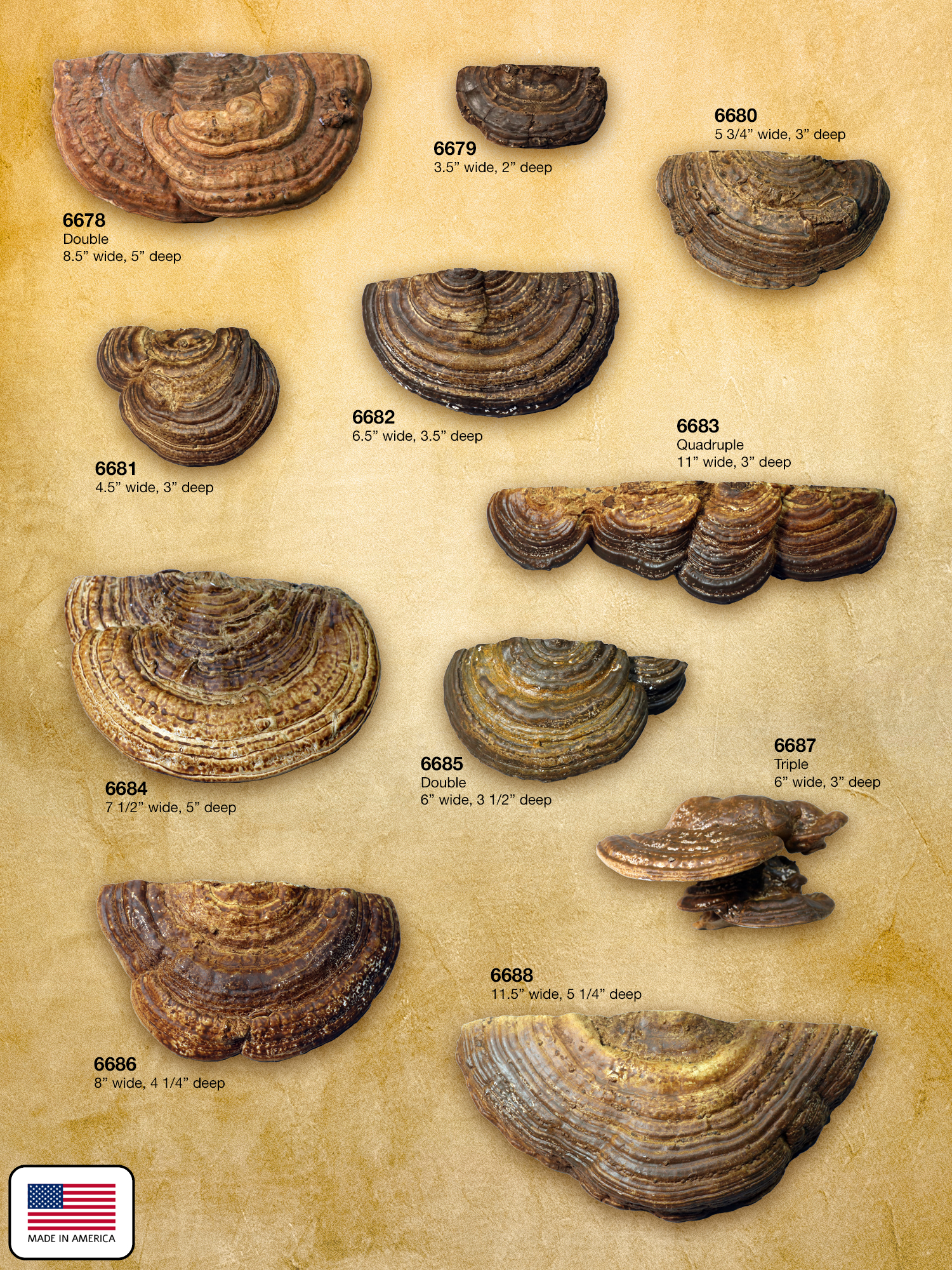 Brochure page displaying a product lineup of realistic artificial bracket fungi in dark gray and brown tones, shown in single, double, and triple cluster configurations. Items are numbered 6657–6677 and range in size from 2" to 11" wide, each labeled with item number and dimensions