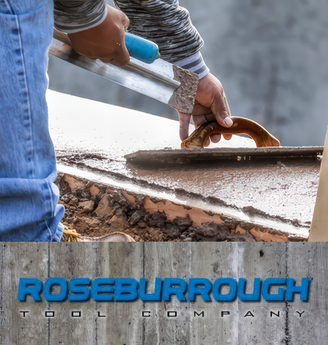Roseburrough Tool Company logo with craftsman using professional concrete finishing tools on a decorative concrete surface